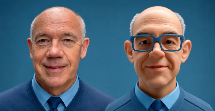 Antony Smith, who founded care4teeth, photographed beside the 3D character modelled on him