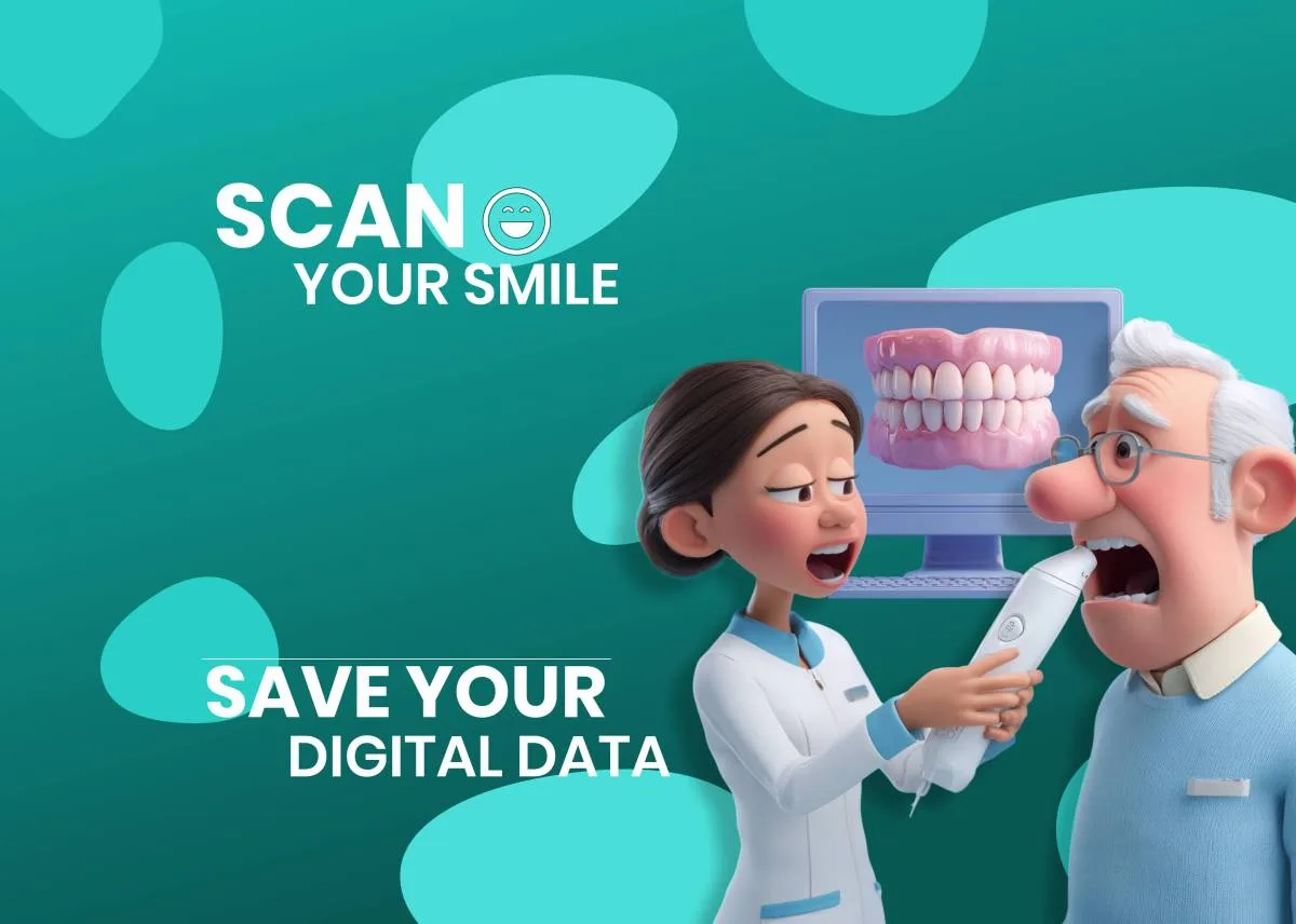 Scan your smile, save your digital data — a dental nurse scanning an older man’s teeth with an intraoral scanner.