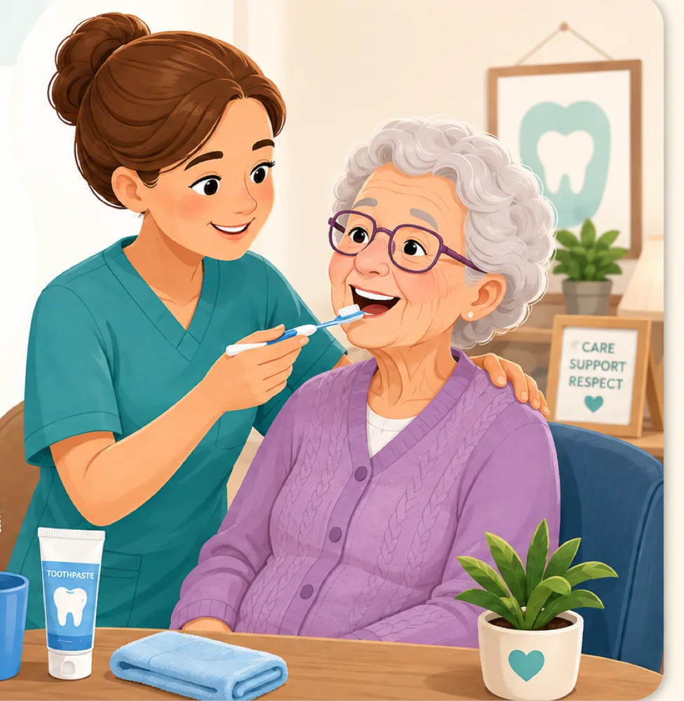 A care worker in teal scrubs gently brushing the teeth of a smiling older woman seated in an armchair, with toothpaste, a toothbrush and a folded towel on the table in front of them