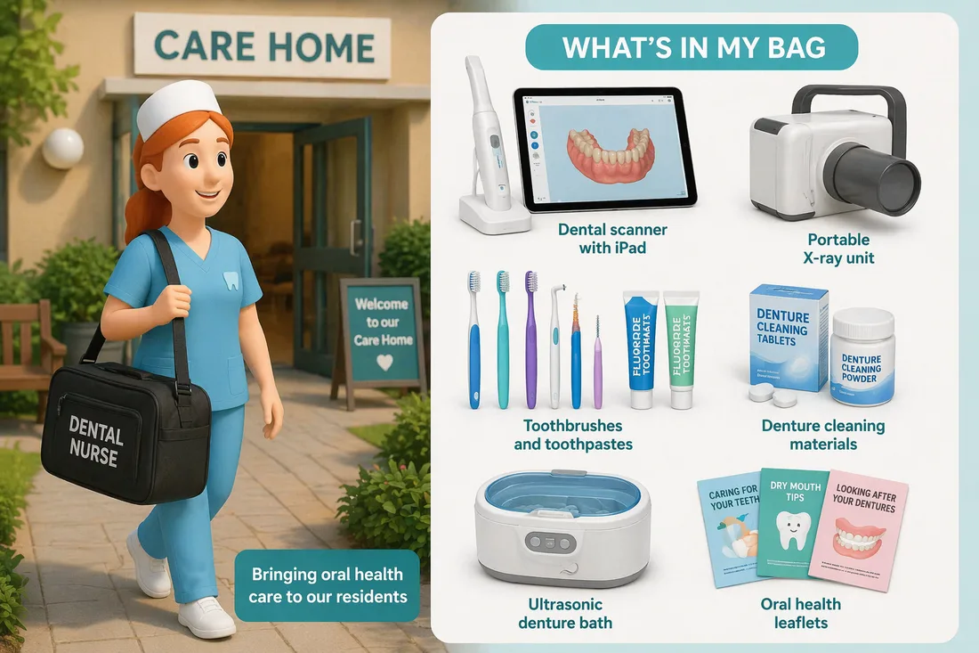 A dental nurse arriving at a care home carrying a kit bag, beside a panel showing its contents: a dental scanner with iPad, a portable X-ray unit, toothbrushes and toothpastes, denture cleaning materials, an ultrasonic denture bath, and oral health leaflets.